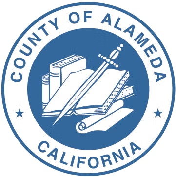 Seal of Alameda County, California featuring a sword, books, and scrolls.