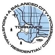 Map of Torrance with "A Balanced City: Industrial, Residential, Commercial" text, roads, and landmarks depicted.