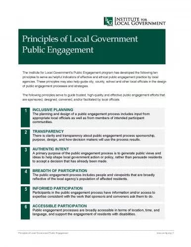 "Principles of Local Government Public Engagement" document outlining six principles for inclusive and transparent public involvement.