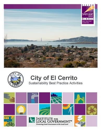 City of El Cerrito sustainability practices, Beacon Award for Best Practice Activities, with scenic view and various eco-themed icons.
