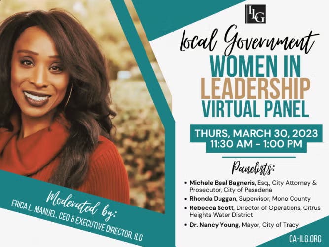 Local Government Women in Leadership Virtual Panel on March 30, moderated by Erica L. Manuel, features four panelists.