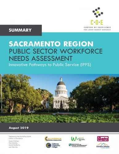 Cover of a report titled "Sacramento Region Public Sector Workforce Needs Assessment," dated August 2019, featuring the California Capitol.