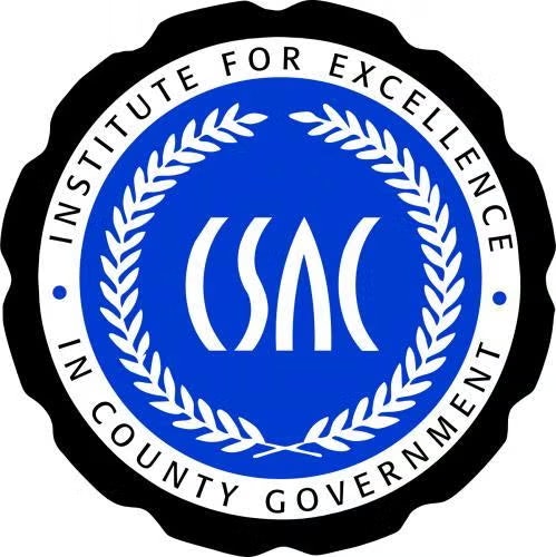 CSAC logo in blue and white, featuring laurel wreath and the words "Institute for Excellence in County Government."