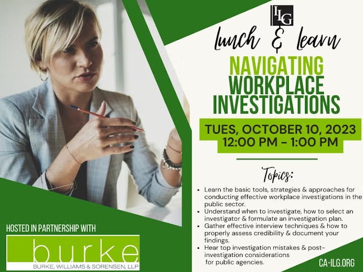 "Navigating Workplace Investigations" event on Oct 10, 2023, 12-1 PM, covers investigation tools, planning, and interview techniques.