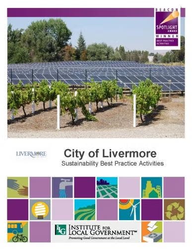 Cover image showing solar panels, text about Livermore's sustainability practices, and logos for the Institute for Local Government.