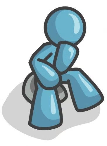 A blue figure in a thinking pose, resembling the "Thinker" statue.