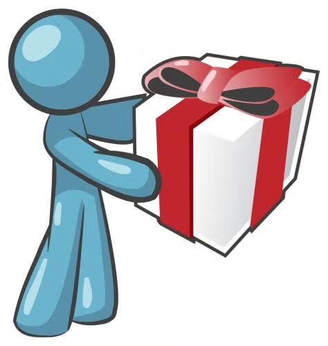 A blue stick figure holding a wrapped gift with a red ribbon and bow.
