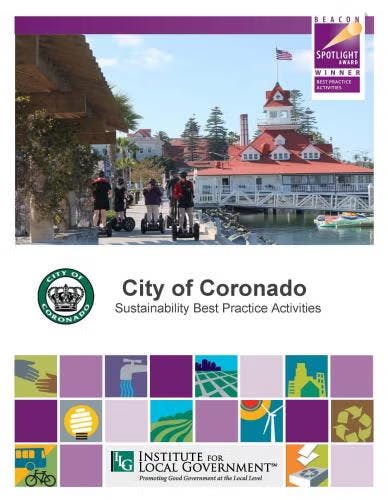 Cover image: City of Coronado's sustainability practices, with award logo and colorful icons, by Institute for Local Government.