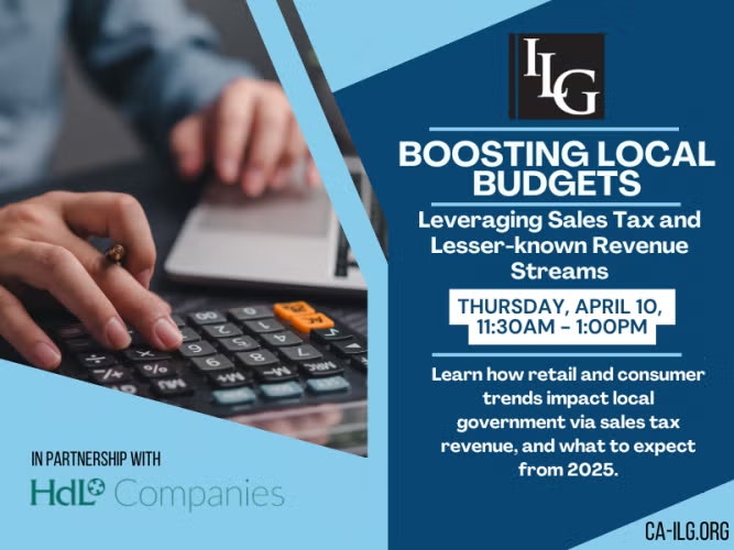 Event flyer for "Boosting Local Budgets" on April 10, 11:30AM-1:00PM, about sales tax and revenue streams.