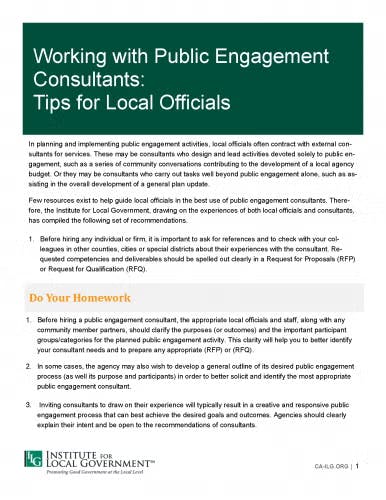It's a guide titled "Working with Public Engagement Consultants: Tips for Local Officials" by the Institute for Local Government.