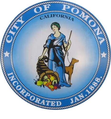 Seal of the City of Pomona, California, features a woman with a cornucopia and a dog. Text includes "Incorporated Jan. 1888."