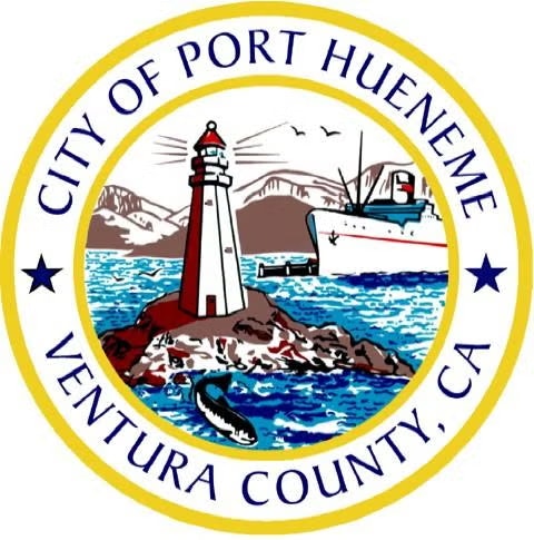 Seal of the City of Port Hueneme, Ventura County, CA, featuring a lighthouse, ship, water, and mountains.