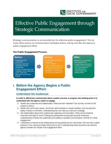 Guide on strategic communication for public engagement by the Institute for Local Government, outlining a 3-step process.