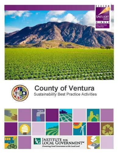 Image of a green field with mountains, "County of Ventura" text, seals, and logos for sustainability and local government.