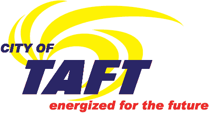 Logo with "City of Taft" and "energized for the future" slogan, featuring yellow swirl design.