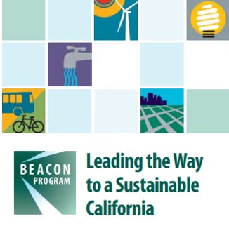 Beacon Program logo with icons of wind, water, lightbulb, bike, and city, promoting sustainability in California.