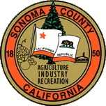Seal of Sonoma County, California featuring agriculture, industry, recreation themes, the California flag, trees, grapes, and hills.