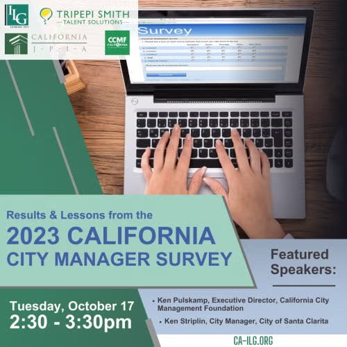 Promotional image for the 2023 California City Manager Survey event on October 17, featuring speakers Ken Pulskamp and Ken Striplin.