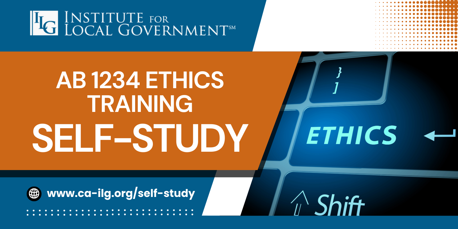 The image promotes AB 1234 Ethics Training, offering a self-study option through the Institute for Local Government.