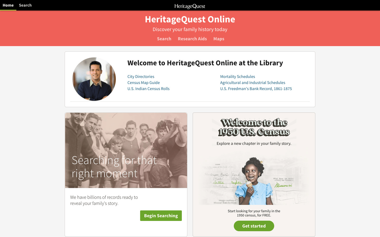 A heritage genealogy website with various historical records and a call to action to begin searching.