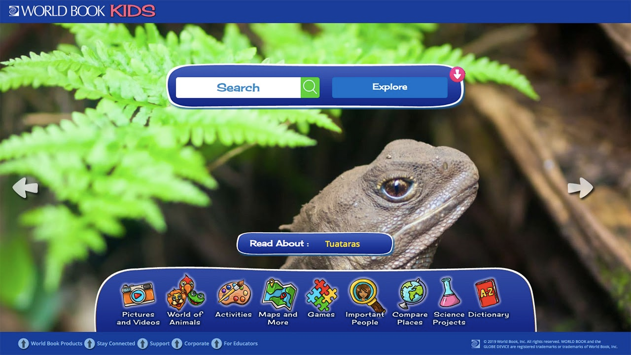 Screenshot of "World Book Kids" online interface with a lizard image and educational categories.