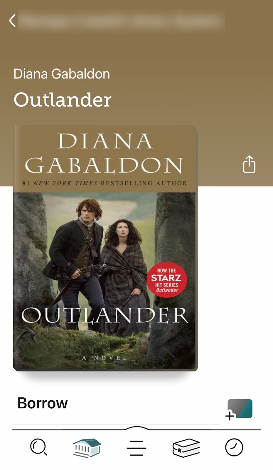 E-book "Outlander" by Diana Gabaldon available for borrowing on an electronic device with two figures on cover.