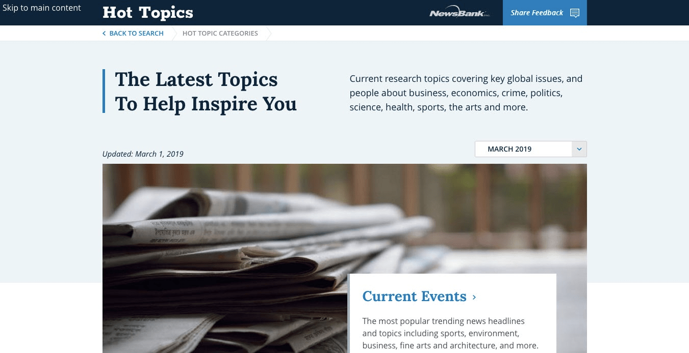 A website page titled "Hot Topics," featuring a pile of newspapers, discussing various current research topics to inspire readers.