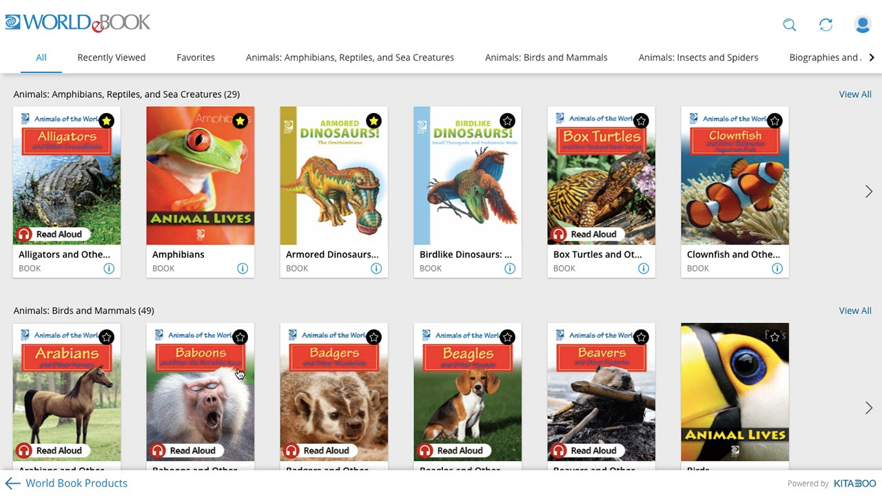 A digital library interface displaying animal-related educational books, including alligators, amphibians, dinosaurs, and other creatures.