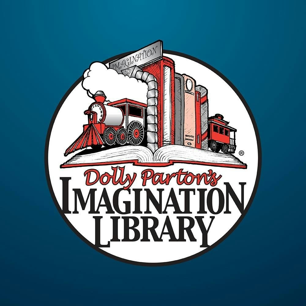 A logo featuring a train, books, and text "Dolly Parton's Imagination Library."