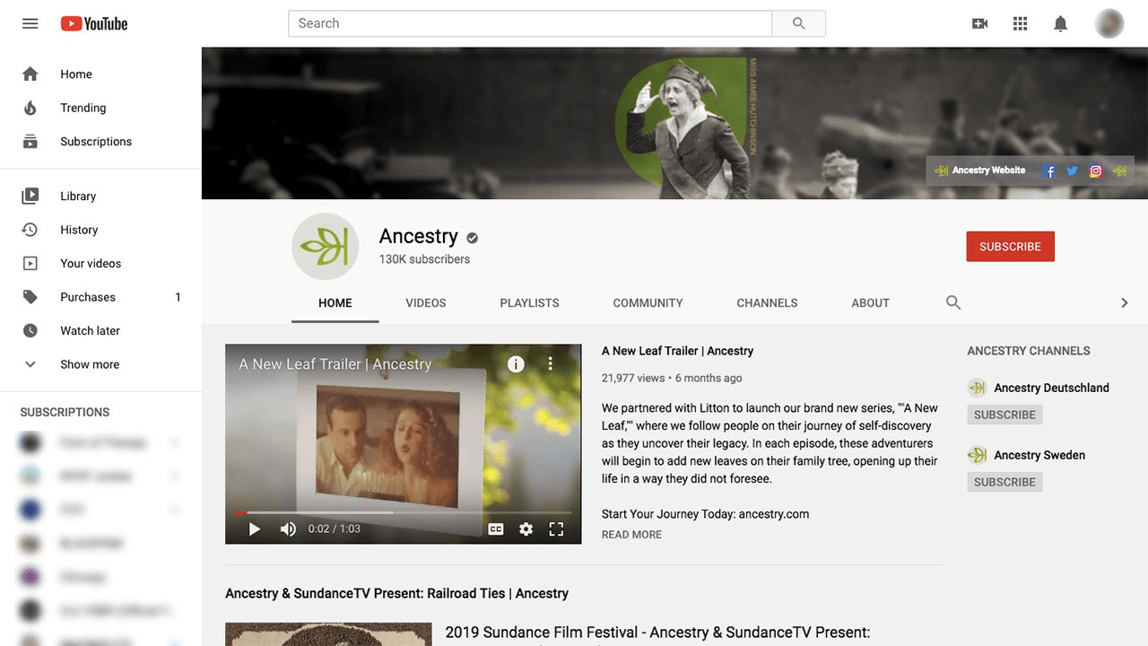 A YouTube channel page for "Ancestry" with video thumbnails, a subscription button, and various tab options.