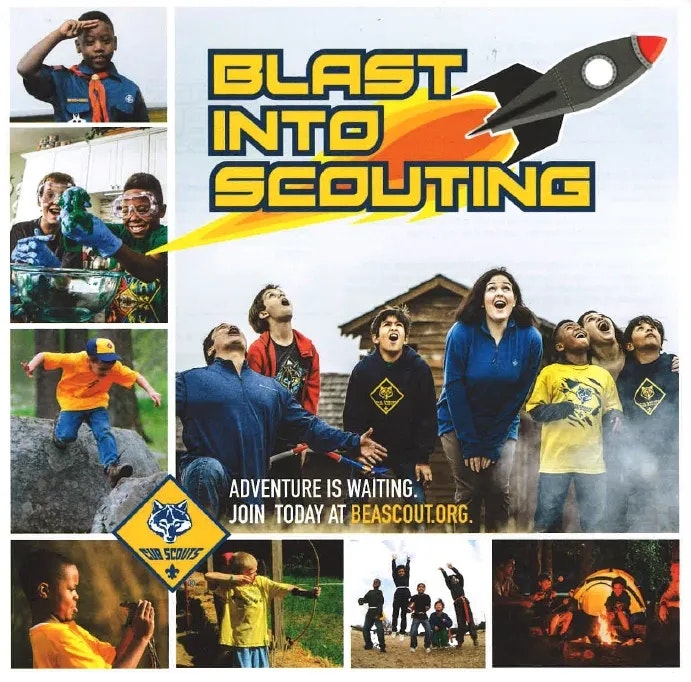 A scouting promo features kids and adults engaged in outdoor activities. Text: "Blast Into Scouting. Adventure is waiting. Join today at beascout.org."