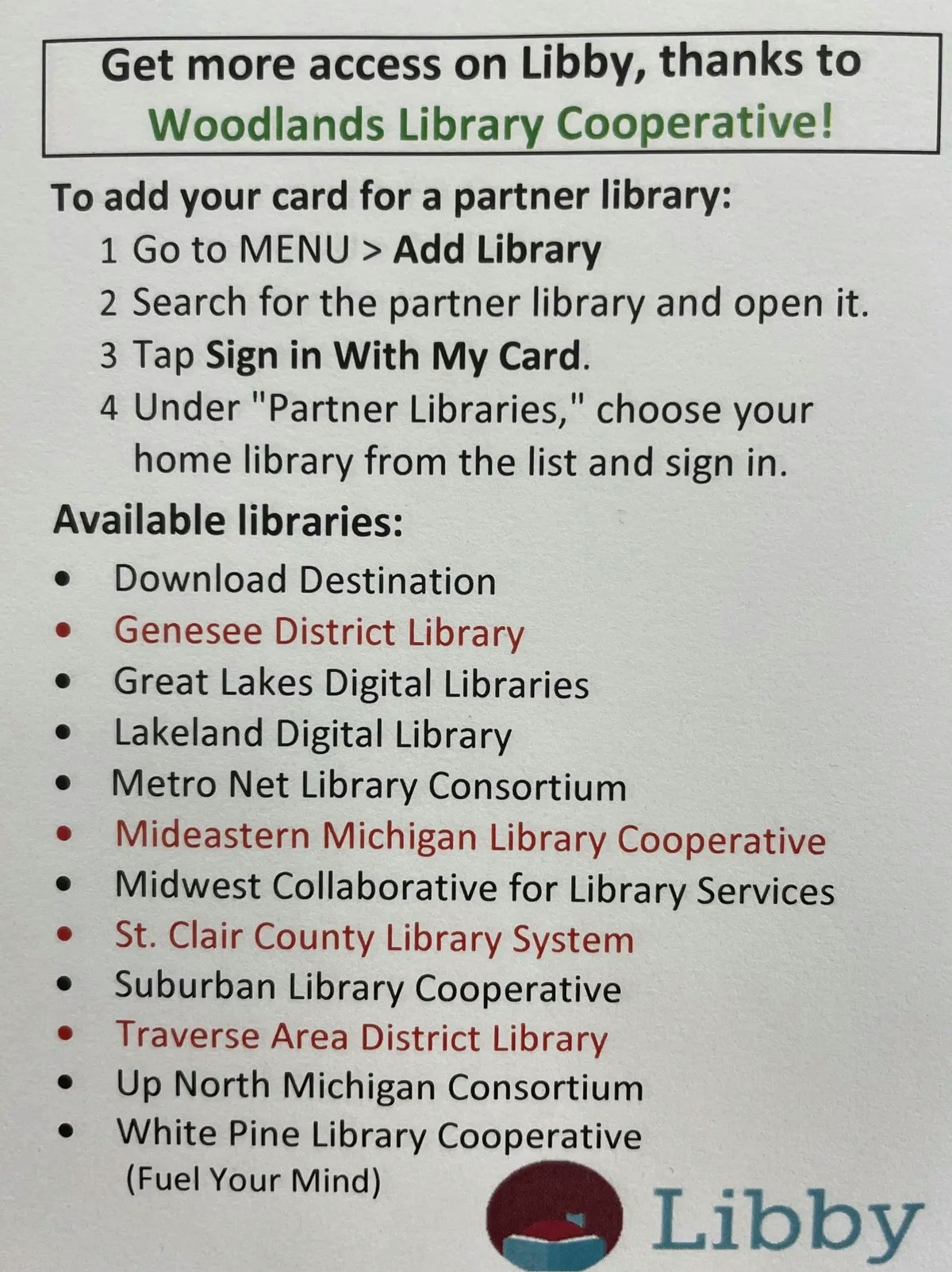 Instructions for adding a library card on Libby, with a list of available partner libraries.