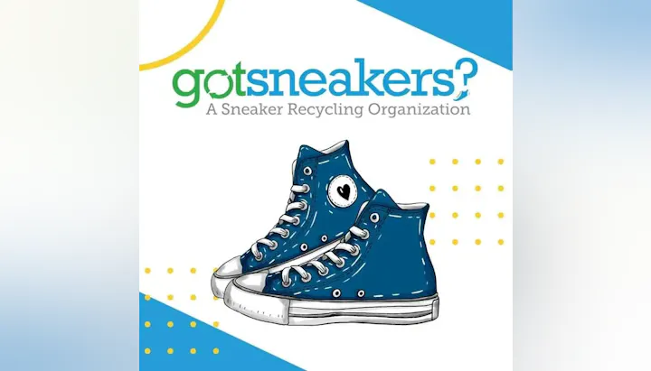 Illustration of blue sneakers with text promoting "gotsneakers? A Sneaker Recycling Organization."
