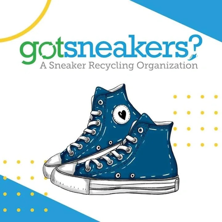 Illustration of blue sneakers with text promoting "gotsneakers? A Sneaker Recycling Organization."