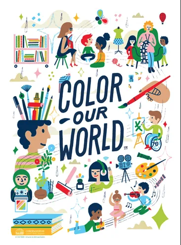 Illustrated banner with people engaging in art and creativity, surrounding the text "COLOR OUR WORLD."