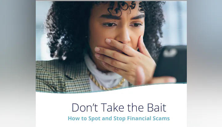 The image features a person looking concerned while using a phone, accompanied by a title about recognizing and preventing financial scams.