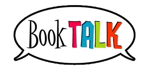 The image shows the words "Book TALK" in a speech bubble, with "TALK" in colorful letters.