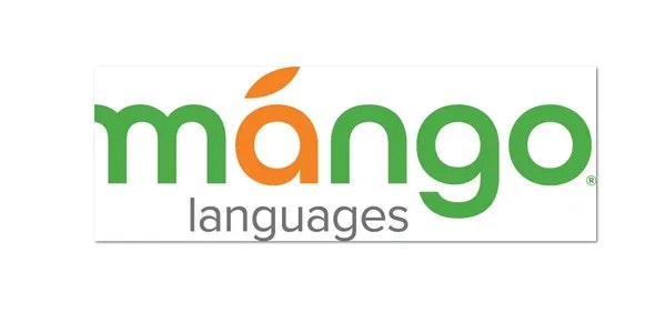 Logo for "Mango Languages," with "mango" in green and orange, and "languages" underneath in gray.