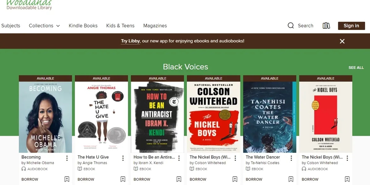 Library webpage showcasing "Black Voices" books like "Becoming" and "The Nickel Boys," available as ebooks and audiobooks.