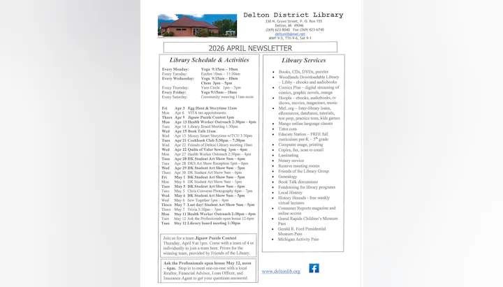 The image shows the April 2026 newsletter for Delton District Library, detailing events, activities, and library services.