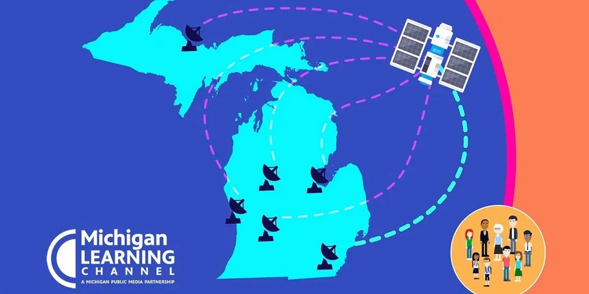 Map of Michigan with satellite, communication lines, and people, promoting Michigan Learning Channel.