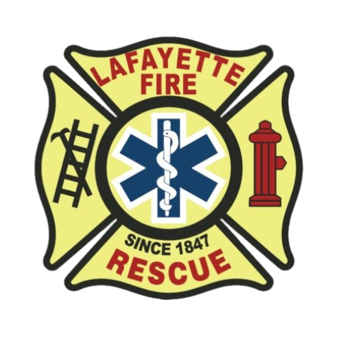 The image depicts the emblem of Lafayette Fire Rescue, established in 1847, featuring firefighting and medical symbols.