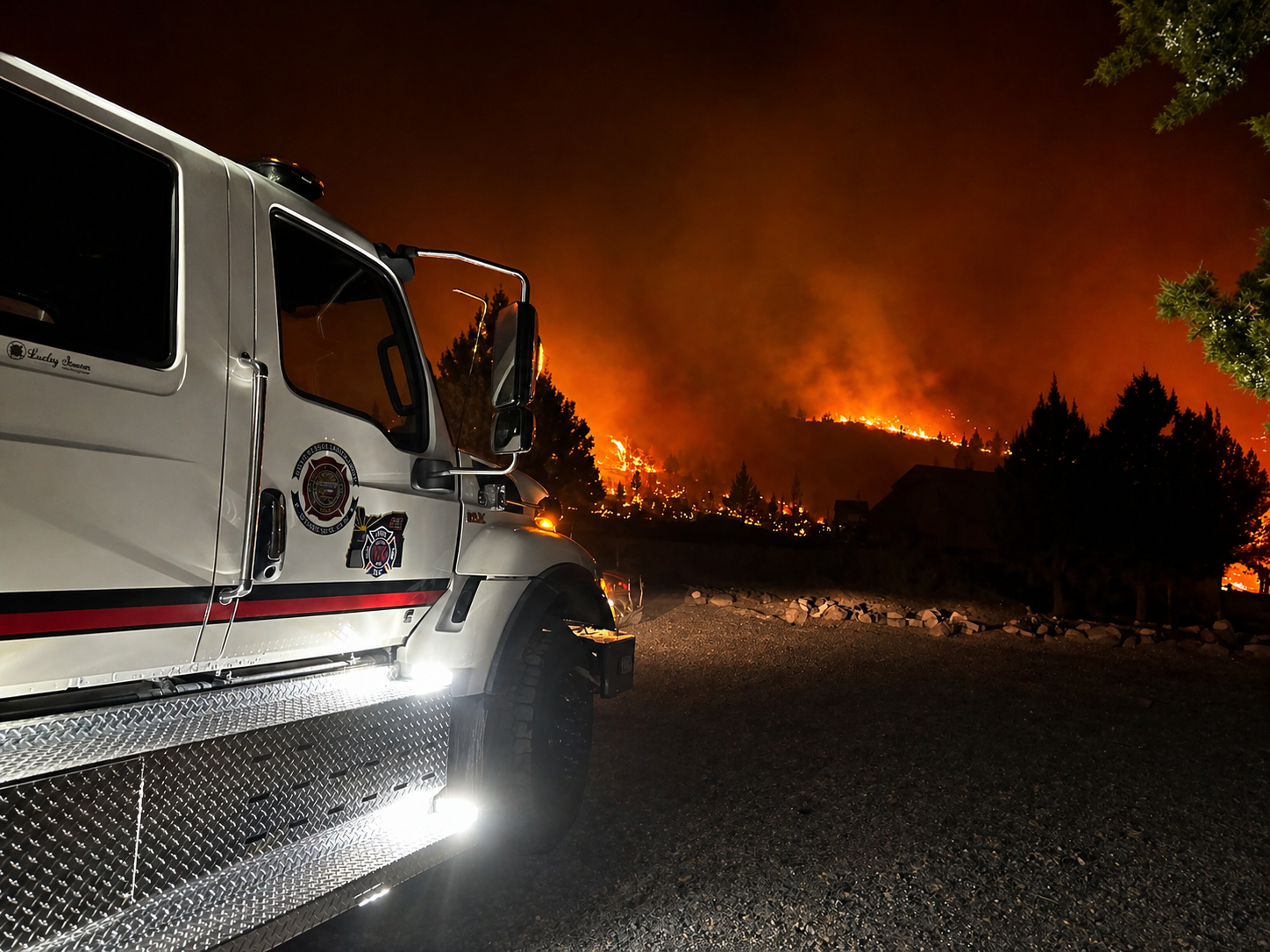 A fire truck is parked in the foreground with a wildfire burning in the background, highlighting an intense fire scene.