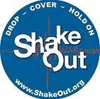 A blue circular logo for “ShakeOut” with seismic lines, promoting earthquake preparedness: “Drop, Cover, Hold On.”