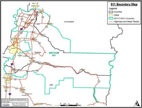 A map showing the 911 service boundary, counties, cities, and highways/major roads.