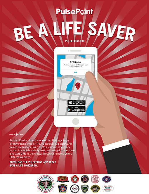 A poster promoting the PulsePoint app, which alerts CPR-trained individuals to nearby cardiac emergencies, with a hand holding a smartphone.