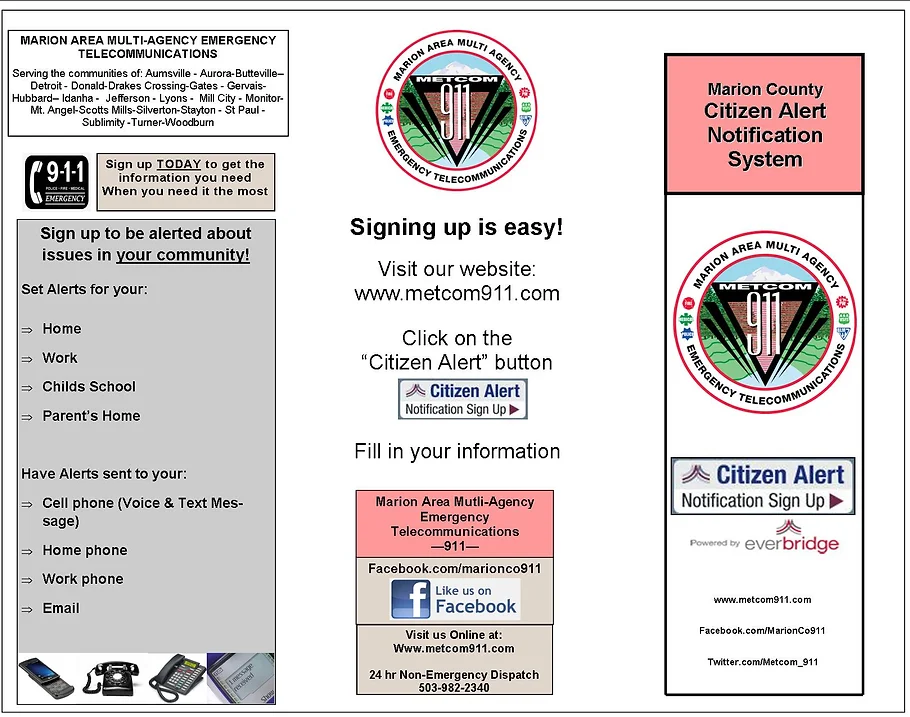 A flyer promoting Marion Area Emergency Telecommunications' citizen alert system, urging people to sign up for community issue alerts.