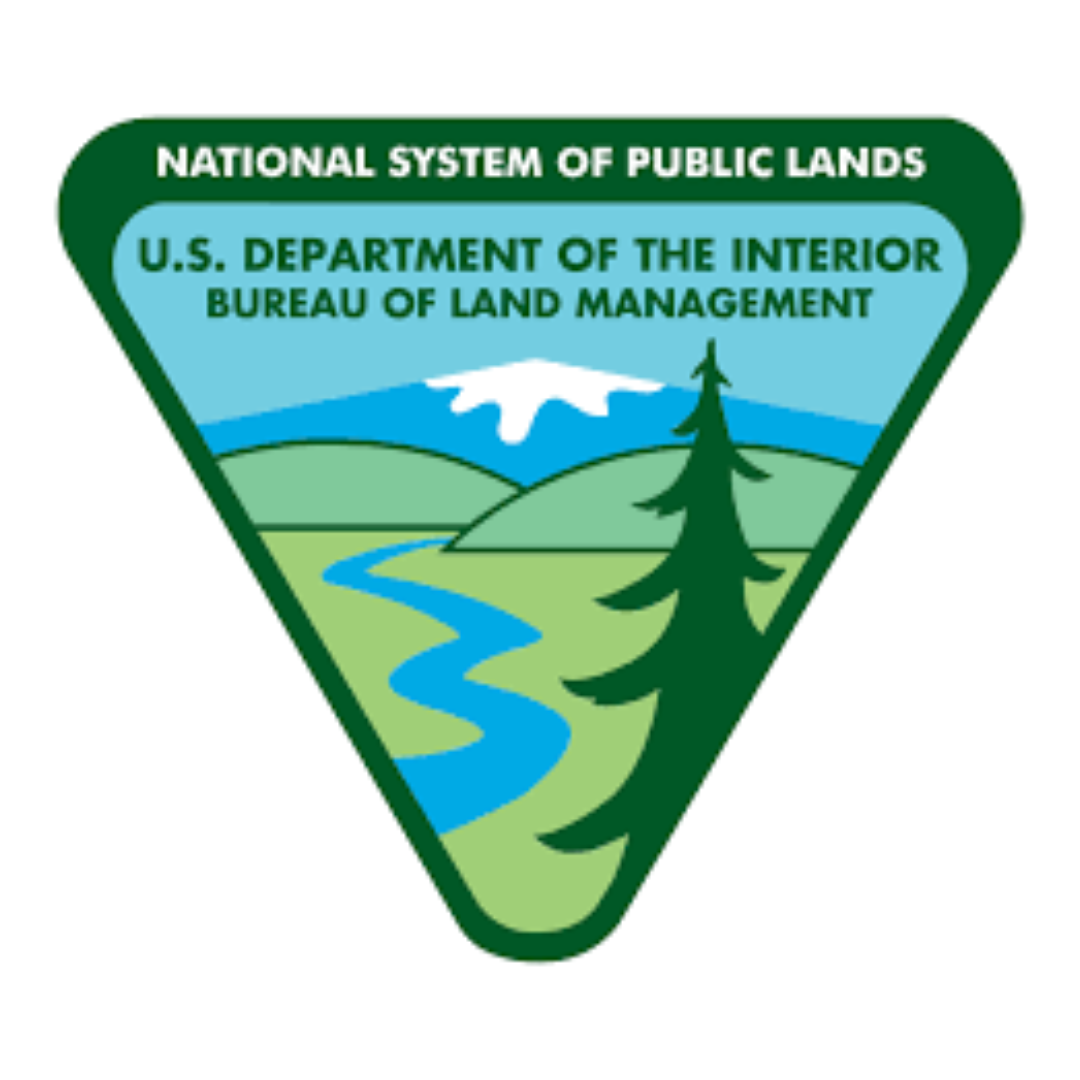 Logo of the U.S. Bureau of Land Management with mountains, a river, and a pine tree.