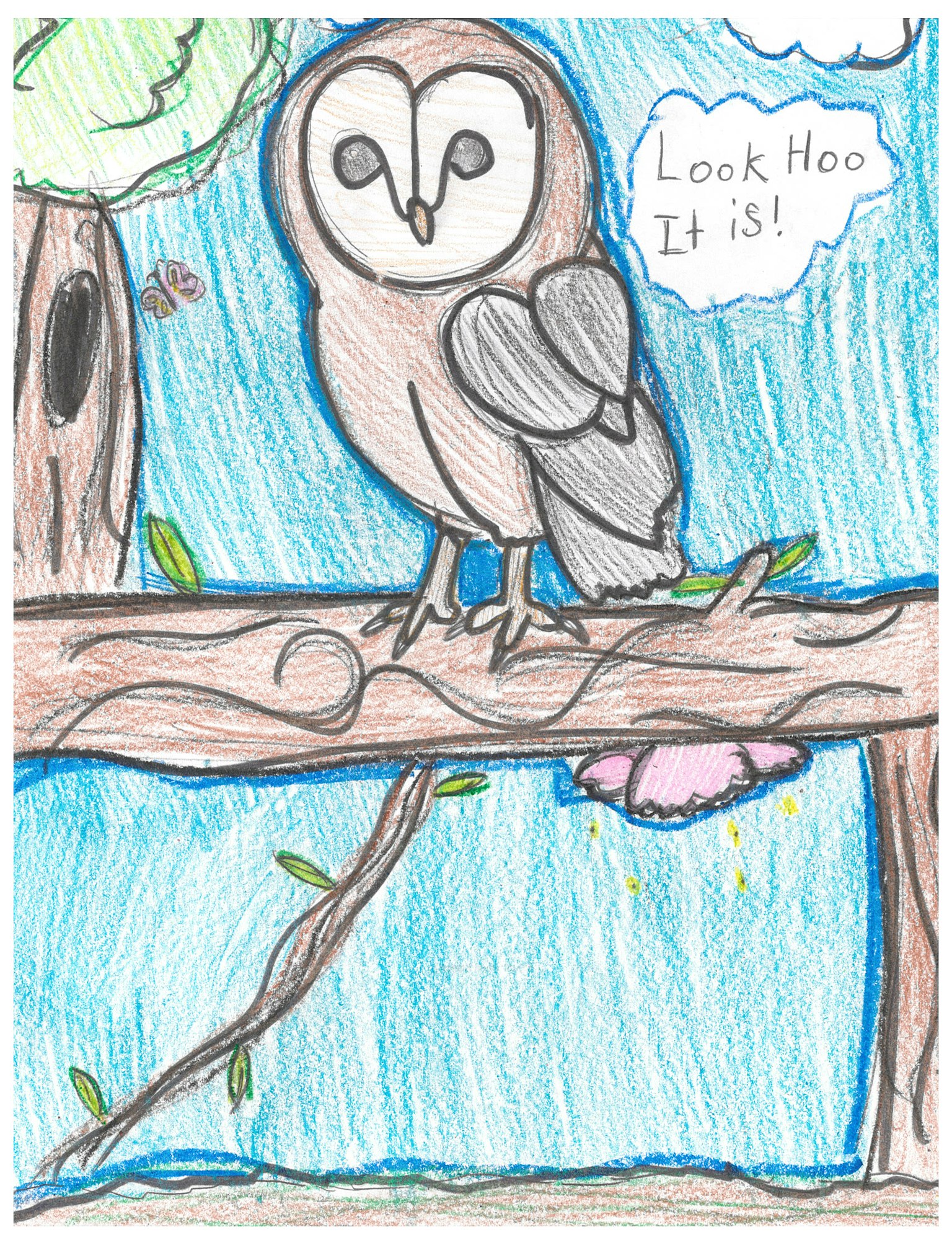 A cartoon owl hanging upside down from a branch with a speech bubble saying "Look Hoo It is!". A butterfly and nest are nearby.