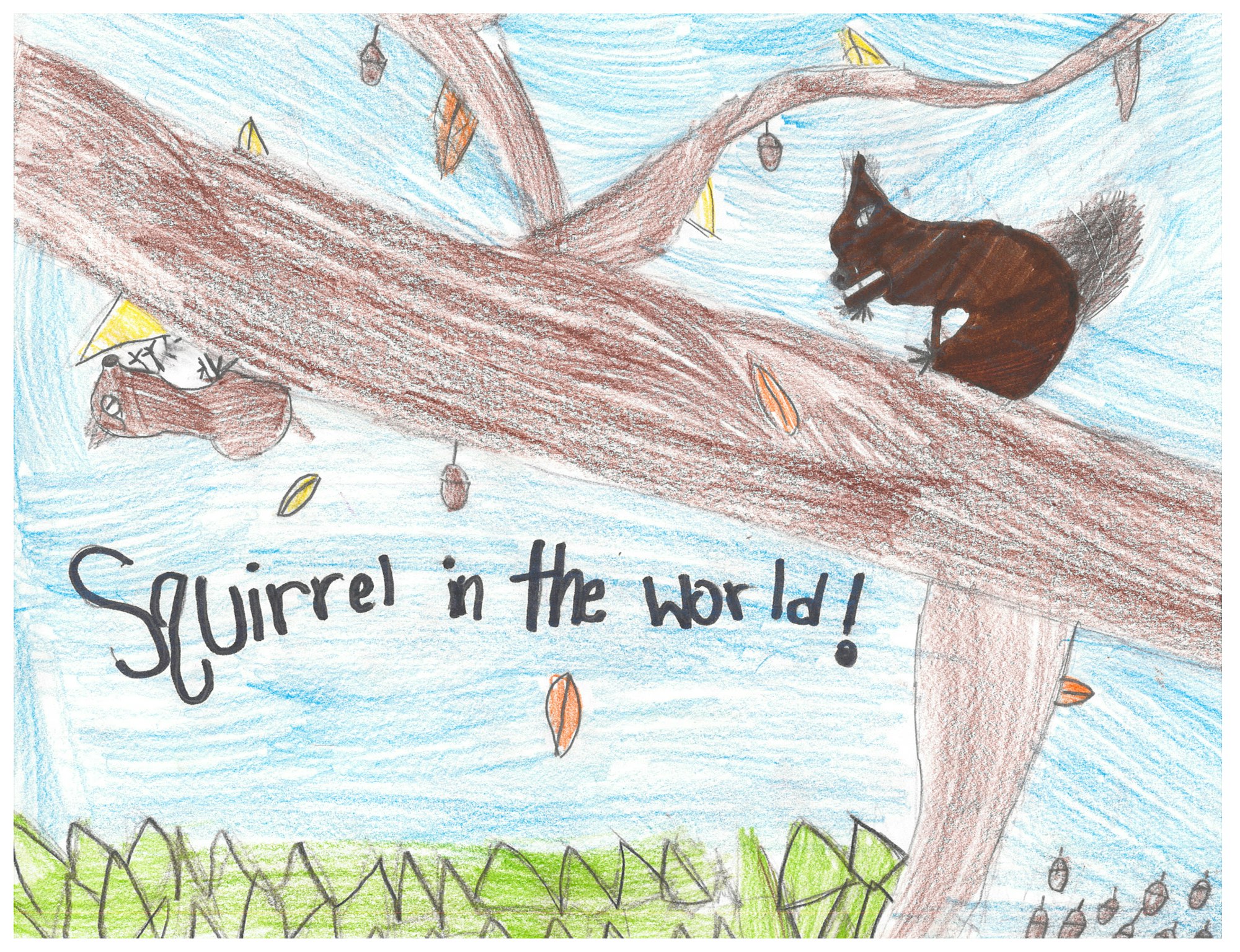 Two squirrels on a tree, surrounded by leaves. Text reads "Squirrel in the World!"